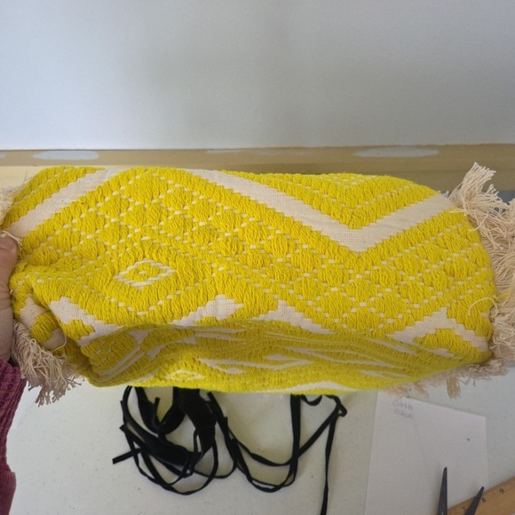 Raj Anthropology Yellow Black Fringe Embrodiered Leather Shoulder Bag Tote Purse - Picture 7 of 16